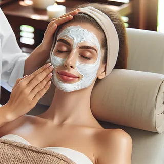 Caucasian woman enjoying a facial treatment.